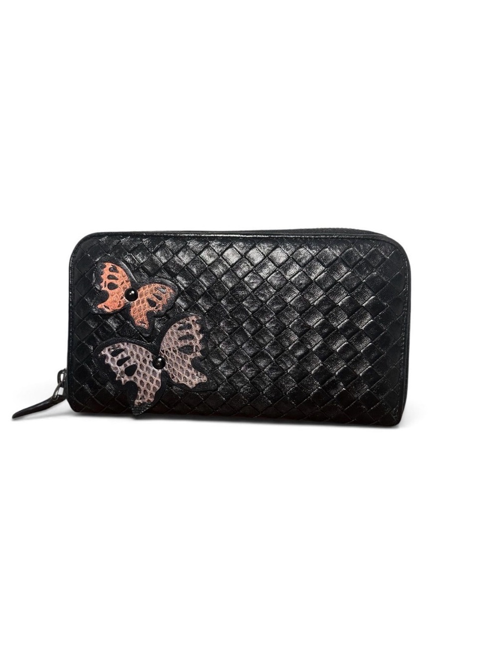 Bottega Veneta Black Intrecciato Leather Zip Wallet with Butterfly Appliqués